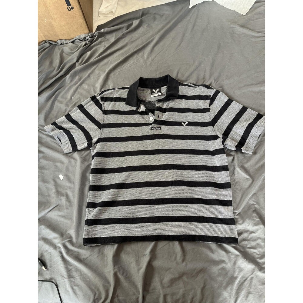 Avirex‎ Polo Shirt Mens L Gray Black Striped Short Sleeve Cotton Knit Casual